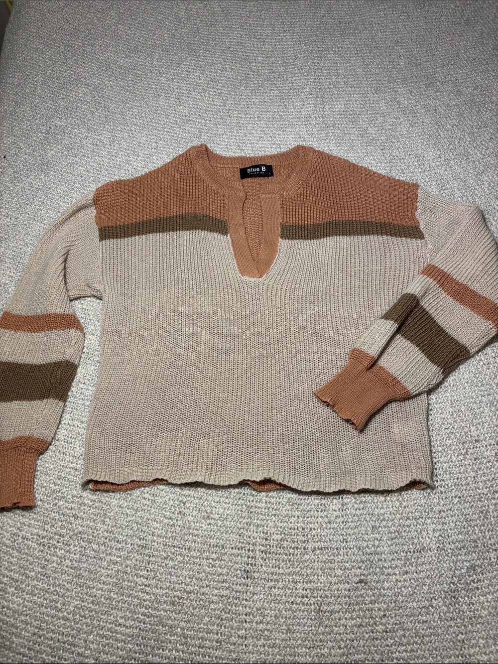 Blue B Collection Colorblock Split V-Neck Sweater Brown Beige Knit Large